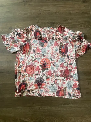 LOFT Short-Sleeve Floral Ruffle Blouse - Cream w/ Maroon & Blue Patterns Large thumbnail 4