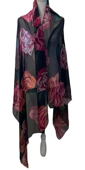 Collectioneighteen black w/pink flowers sheer scarf wrap Approx 73” long EUC thumbnail 1