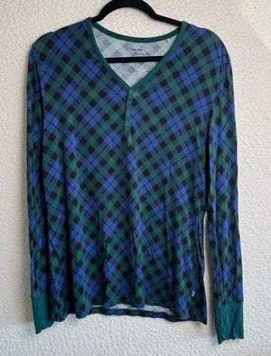Little Sleepies Bamboo‎ Women’s Navy Green Tartan Plaid Pajama Top Size Small thumbnail 1
