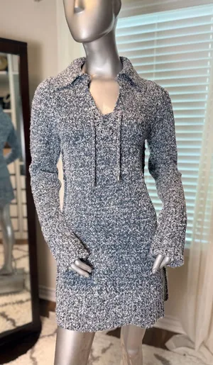 Free People Milena Sweater Dress Medium NWT Lace Up Mini Marled Gray Blue Cozy thumbnail 1
