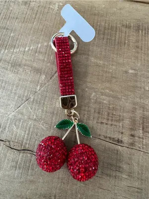 Cherry Rhinestone Bag Charm / Keychain Sparkly Red Fruit Gold Tone NWOT thumbnail 2