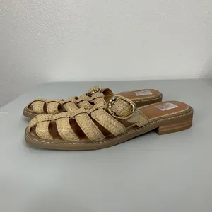 DV Dolce Vita Falcun Woven Raffia Fisherman Slide‎ Sandals Beige Gold Buckle 7.5 thumbnail 3