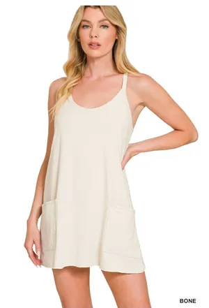 Zenana Romper Dress Built In Shorts Adjustable Straps Bone Medium thumbnail 1