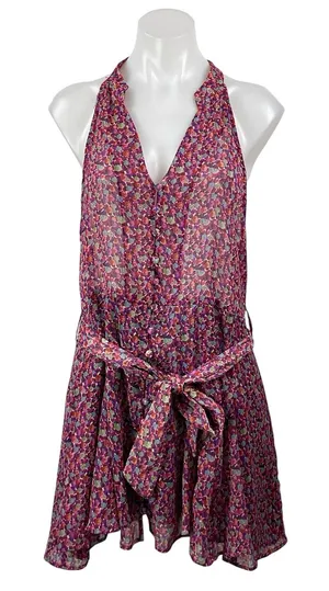 Zara Women's Pink Floral Sleeveless Tie Waist Sheer Halter A-line Mini Dress XL thumbnail 1