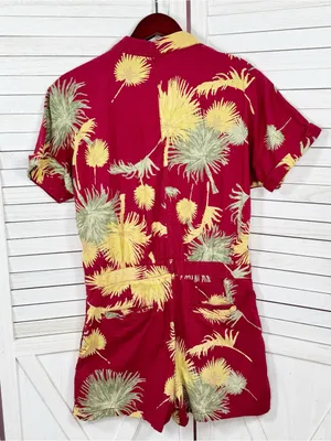 Free People Malibu‎ Tropical Palm Leaf Romper Maroon Red Yellow Small Campy thumbnail 9