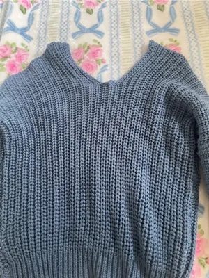 Poof Apparel Classic V-Neck Chunky Knit Sweater in Slate Blue thumbnail 3