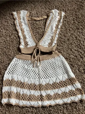 SHEIN White and Tan Crochet Swim Coverup Set thumbnail 1