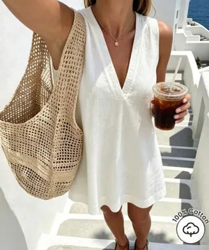 Shein Linen White V-Neck Dress thumbnail 1