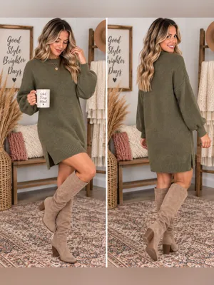 Olive Knit Sweater Mini Dress - Women's Long Sleeve Pullover thumbnail 2