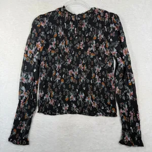 Veronica Beard Smocked Floral Blouse Black Pink Long Sleeve Top Size 4 thumbnail 8