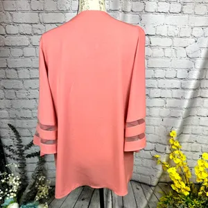 Casual V Neck 3/4 Bell Sleeve Mesh Panel Blouse Coral XL thumbnail 7