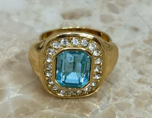 Vintage Signed Aquamarine Gold Tone Adjustable Ring thumbnail 5