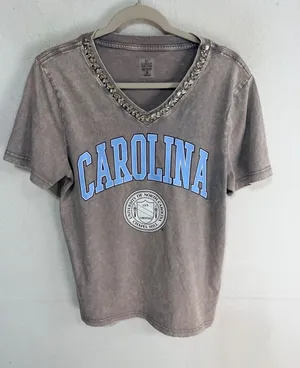 UNC Carolina Tarheels Rhinestone Jeweled V-Neck Tee Small Grey Gameday Couture thumbnail 1