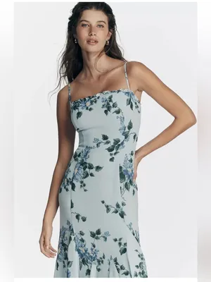 Reformation Lilibet ruffle hem midi dress in blue floral Fresh Air print NEW thumbnail 4
