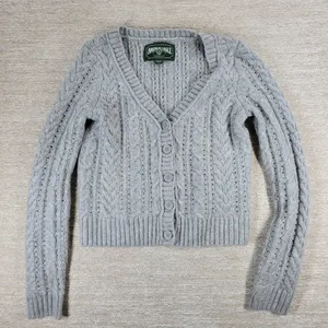 American Eagle Cable Knit Cardigan Sweater XS Gray Crop Button Front Soft Cozy thumbnail 1