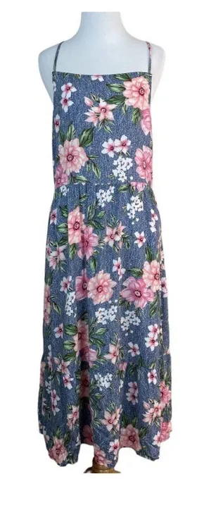 Hiatus Dress Womens XL Blue Pink‎ Floral Midi Strappy Open Back Casual Summer thumbnail 1