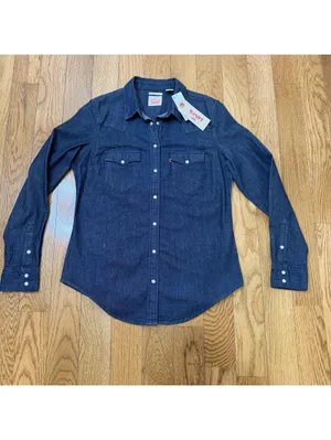 Size Medium Levi’s Womens Tailored Fit Dark Indigo Blue Denim Long Sleeve NWT thumbnail 4