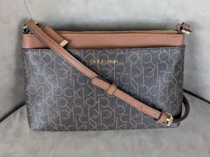Calvin Klein brown trim monogram canvas gold hardware crossbody bag thumbnail 1