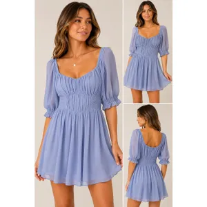Abercrombie & Fitch Periwinkle Blue Pleated Smocked Puff Sleeve Mini Dress M thumbnail 2