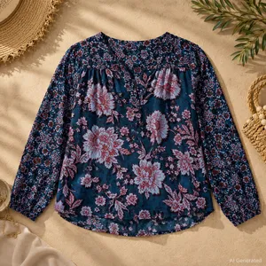 Band of the Free Blue Red Floral V-Neck Long Sleeve Blouse Small NWT thumbnail 2