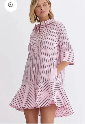Entro Pink White and Navy Parker Striped Ruffle-Hem Mini Shirt Dress Size S thumbnail 1