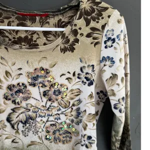 Womens Y2k Floral Sequin Fairy Knit Top Earth Tone Damask Print Scoop Neck L‎ thumbnail 2