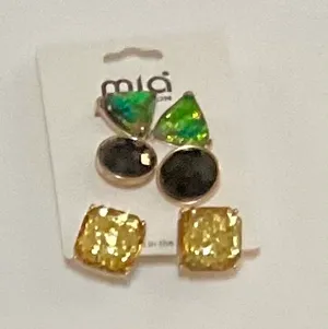 Gold MIA 3-Pair Stud Earring Set - Green, Black, thumbnail 3