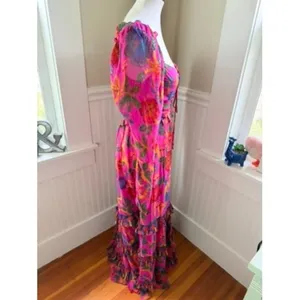 Farm Rio Sweet Forest Tiered Maxi Dress in Vibrant Pink Tropical Print Small thumbnail 15