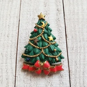 Vintage Christmas Tree Brooch Pin Gold‎ Garland Gingerbread Moon Star thumbnail 2