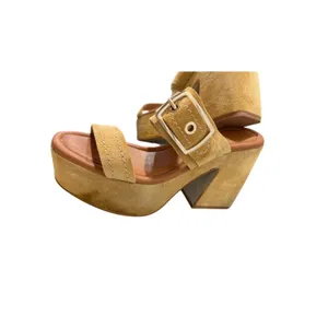 Lottini Italy Biscotto Beige Leather Suede Platform Slide Sandals Gold Buckle 10 thumbnail 3