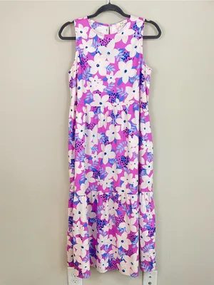 Easel‎ Purple Floral Sleeveless Tiered Poplin Midi Dress S Tropical Resortwear thumbnail 2