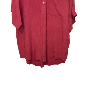 BKE Women Top Shirt Button Front Collar Pocket Short Sleeve Oversized Red‎ Small thumbnail 4