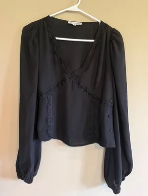 Love Whit by Whitney Port Black Lace‎ Trim V-Neck Puff Sleeve Blouse Small thumbnail 1
