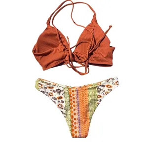 NWT ZAFUL Womens Ribbed Triangle Boho Print High Cut Swimsuit Coffee Small thumbnail 6