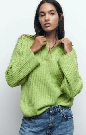 ZARA Ribbed Collar Relaxed Sweater Cardigan thumbnail 1