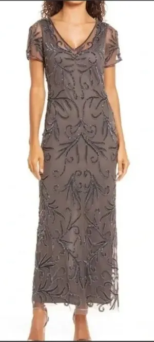 NWT Pisarro Nights Size 8 Beaded Mesh Column Gown Aluminum thumbnail 1