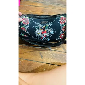 ED HARDY Y2K Black Red True Til Death Faux Leather Roses Shoulder Bag Purse thumbnail 13