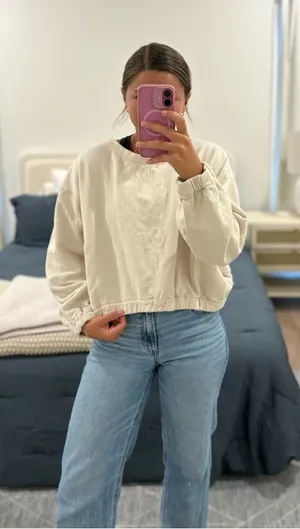 Anthropologie Cream Cropped Elastic-Hem Sweatshirt Size Medium thumbnail 1