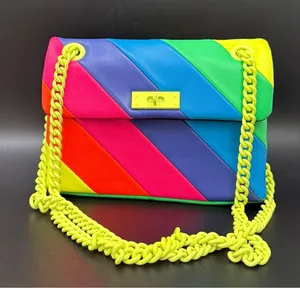 KURT GEIGER Brixton Neon Rainbow Quilt Leather Chain Shoulder Crossbody NO LOCK! thumbnail 1