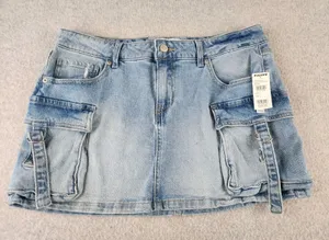 NWT RSQ TILLY'S DENIM JEAN Micro MINI SKIRT Pocket‎ Buckles Faded Wash Stretch thumbnail 1