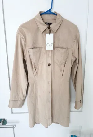 NWT Zara Faux Suede Shirt Dress Shacket Beige Button Front Long Sleeve Pockets-M thumbnail 1