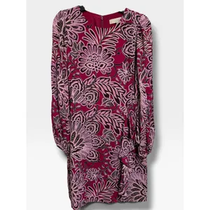 LOFT Petites Magenta Floral Paisley Ruffle Mini Dress 2P NWT Long Sleeve thumbnail 5