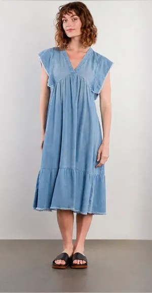 Billy T Lovestruck Denim Lyocell Midi Dress Frayed Trim Blue Size Small $148 thumbnail 1