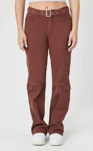 Belted Denim Cargo Jeans Brown thumbnail 1