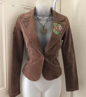 2000s Y2K Unique Brown velvet corduroy blazer jacket embroidered flower patch on the lapel thumbnail 1