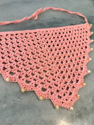 Handmade Crochet Wood Beaded Kerchief Head Scarf Cotton Boho Bandana Cottagecore thumbnail 1
