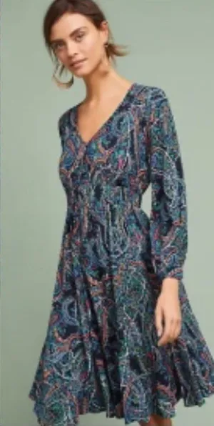 Anthropologie Maeve Women’s Paisley Long Sleeve V-Neck Dress Maplewood Blue Smal thumbnail 1