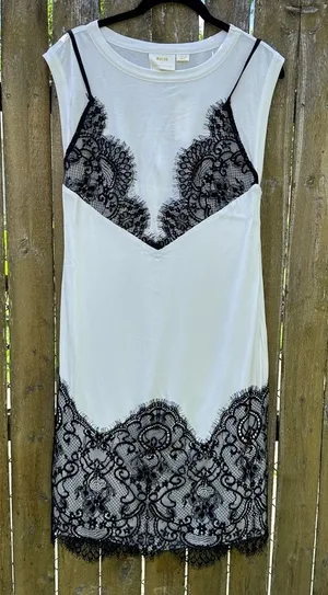 NWT Anthropologie Maeve Lace T-Shirt Dress Black White XS thumbnail 1