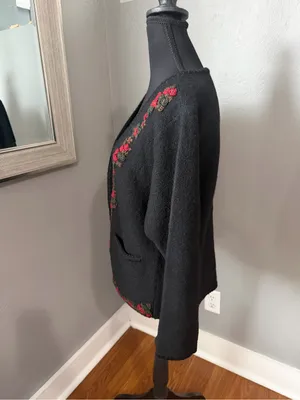 VTG Crystal Kobe Wool Floral Embroidered Black Knit Cardigan Antique Button Smal thumbnail 5