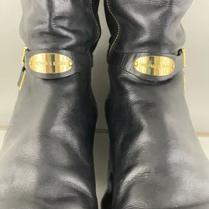 Michael Kors Black Leather Gold Hardware Buckle Arley Knee High Riding Boots thumbnail 13